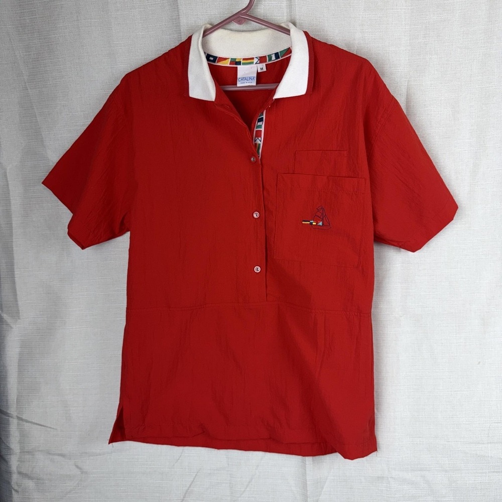 Vintage Catalina Polo Shirt Mens Medium Red Nautical Sailboat Pocket Made USA